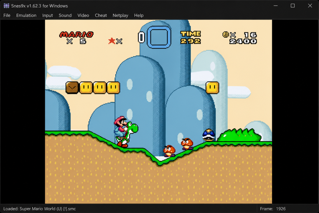 Snes9x emulator running Super Mario World on a Windows PC