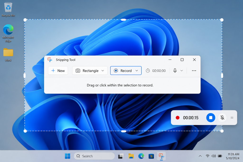 Windows 11 Snipping Tool screen recording feature selecting an area to record