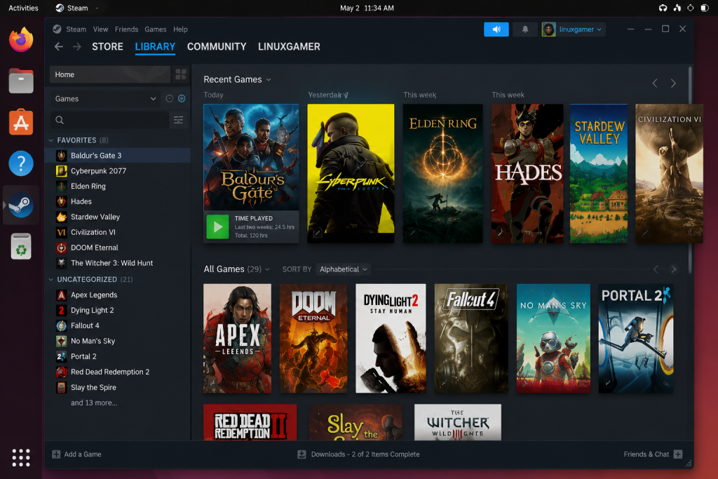 Steam game library running on Linux desktop with multiple installed games