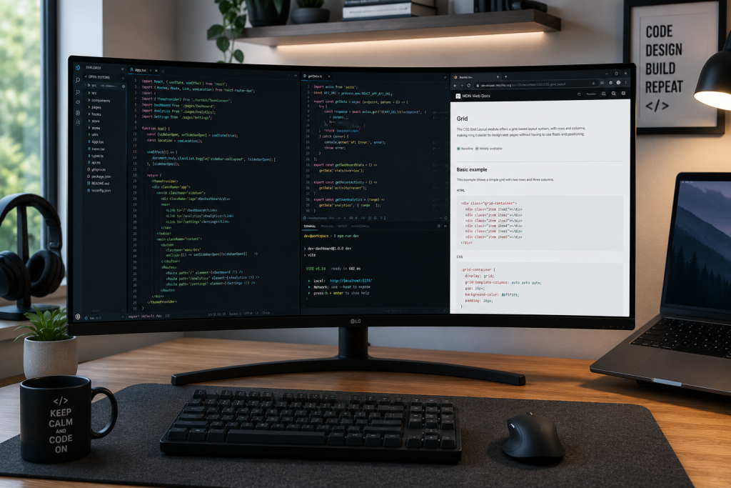 Ultrawide monitor showing code editor browser and documentation for programming