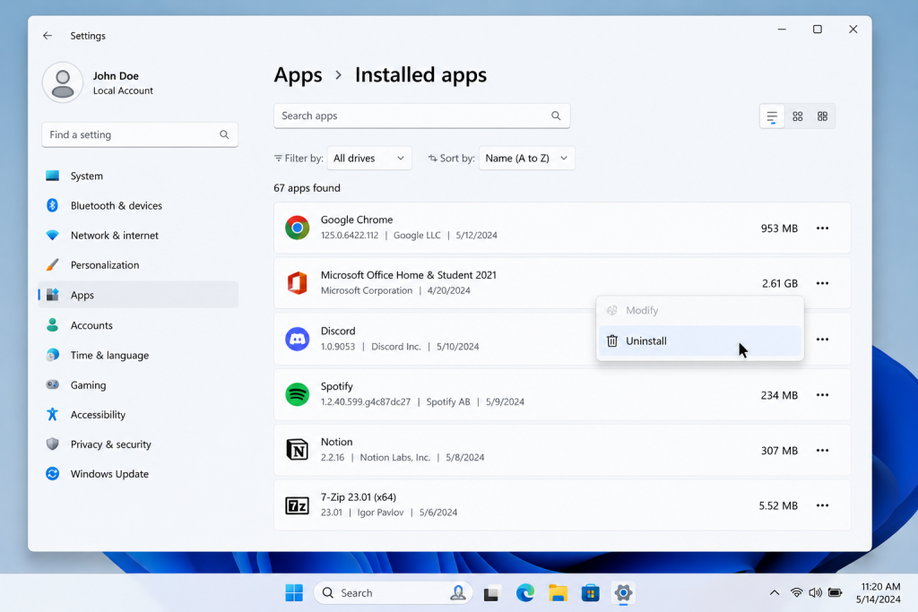Windows 11 Installed Apps settings page showing the uninstall option for an application