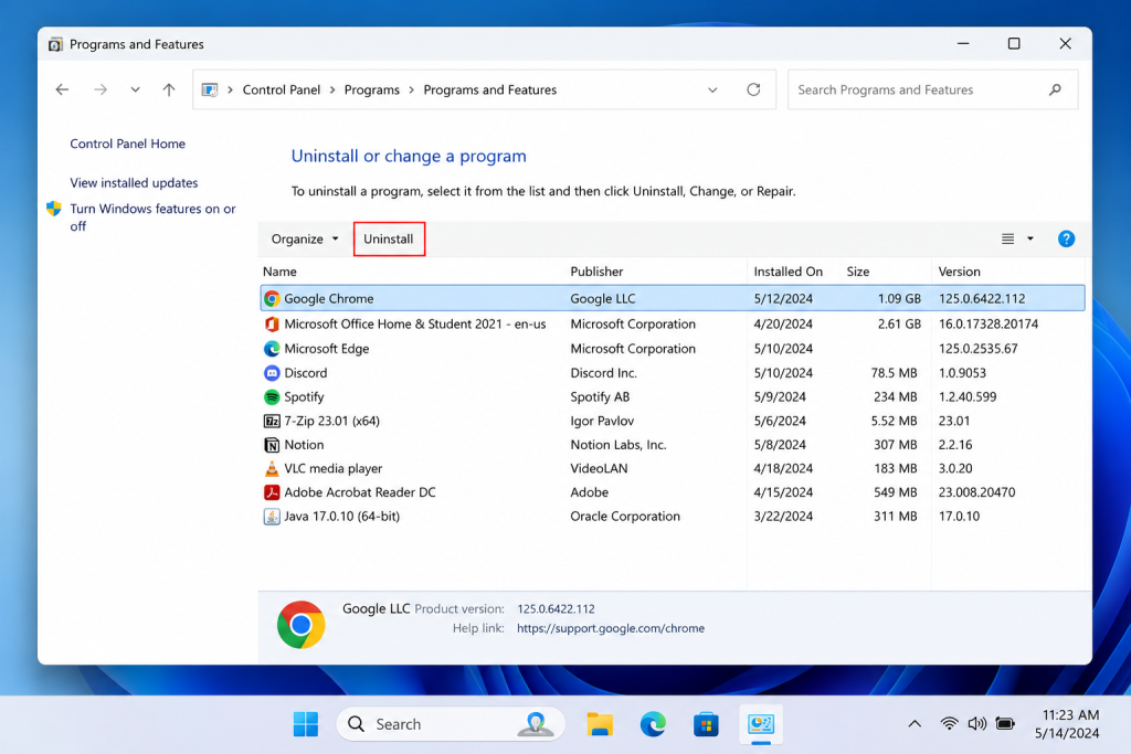 Windows Control Panel Programs and Features window showing installed software available for removal