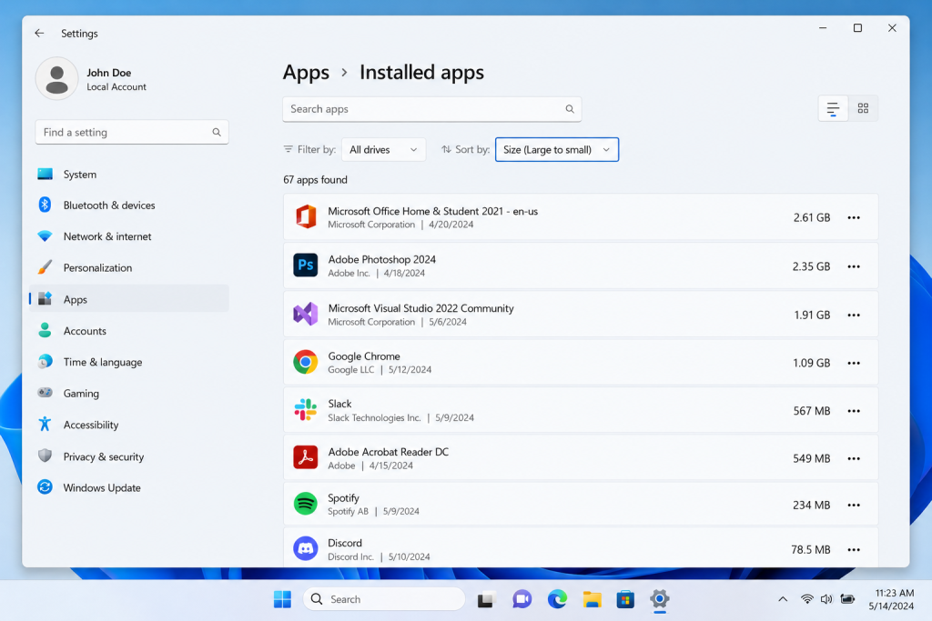 Windows 11 Installed Apps page sorted by size to identify programs using the most disk space