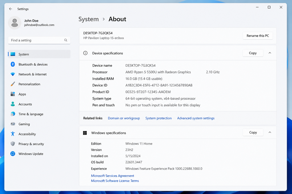 Windows 11 System About page showing PC specifications