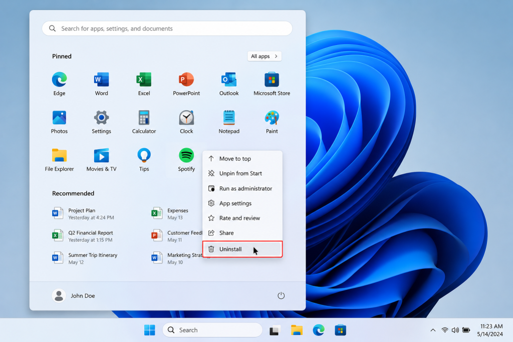 Windows 11 Start Menu showing the uninstall option after right-clicking an application