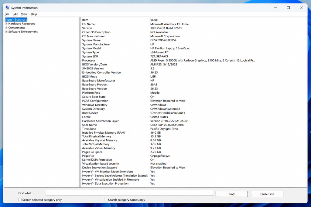 Windows System Information tool showing detailed PC specifications