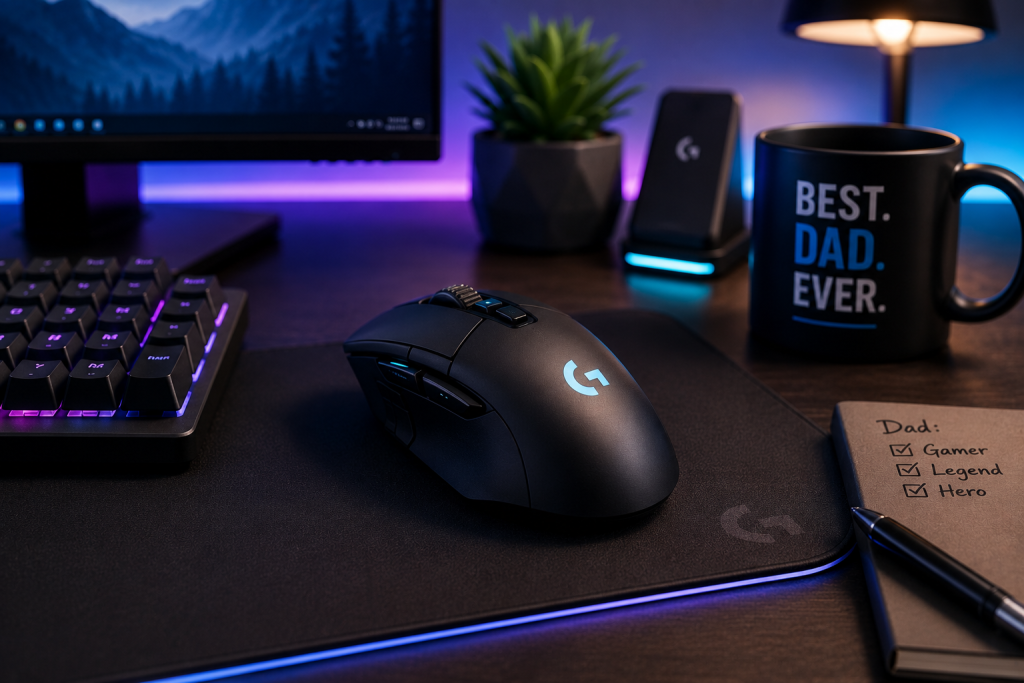 Wireless gaming mouse on a modern RGB-lit desk setup with keyboard, monitor, and Father's Day themed accessories