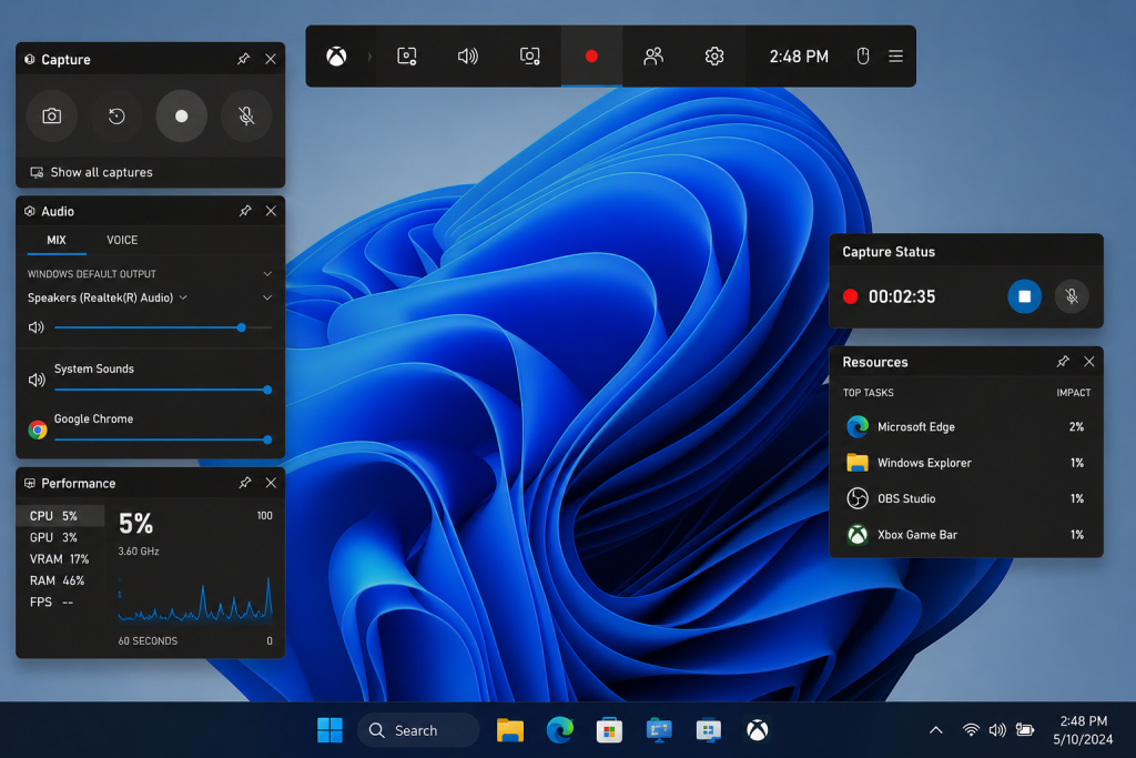 Xbox Game Bar screen recording controls on a Windows 11 desktop