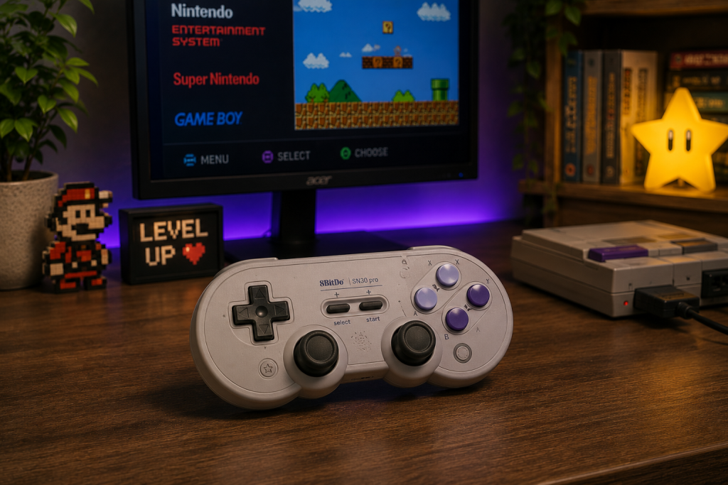 8BitDo SN30 Pro retro-style controller on a nostalgic gaming desk setup with classic gaming accessories and ambient lighting