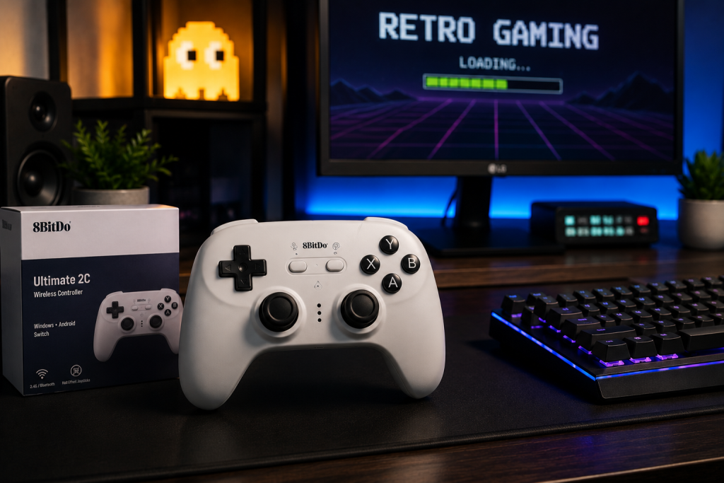 8BitDo Ultimate 2C wireless controller on a retro gaming PC setup with keyboard and monitor