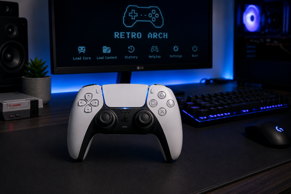 DualSense wireless controller on a modern PC gaming desk with monitor and retro gaming software in the background