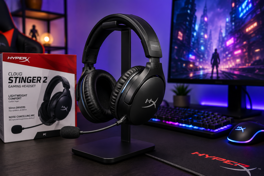 HyperX Cloud Stinger 2 gaming headset on a modern RGB gaming desk with keyboard, mouse, and monitor
