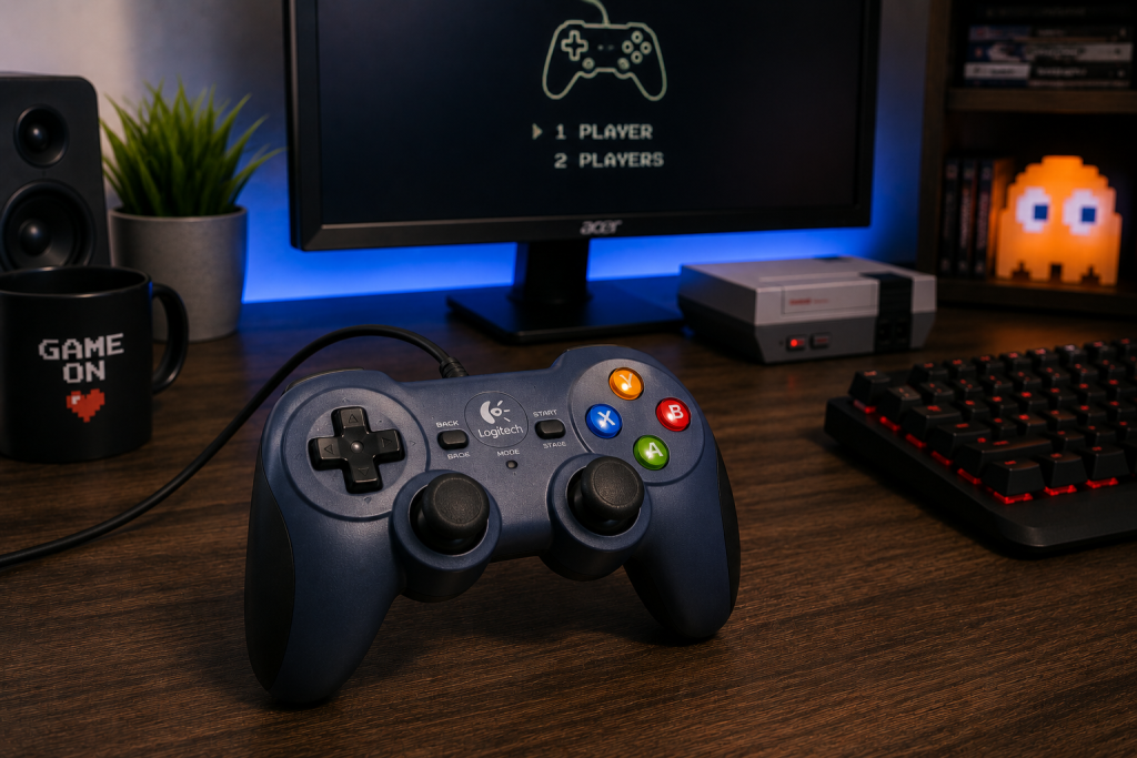 Logitech F310-style wired controller on a retro gaming PC desk setup with keyboard and monitor