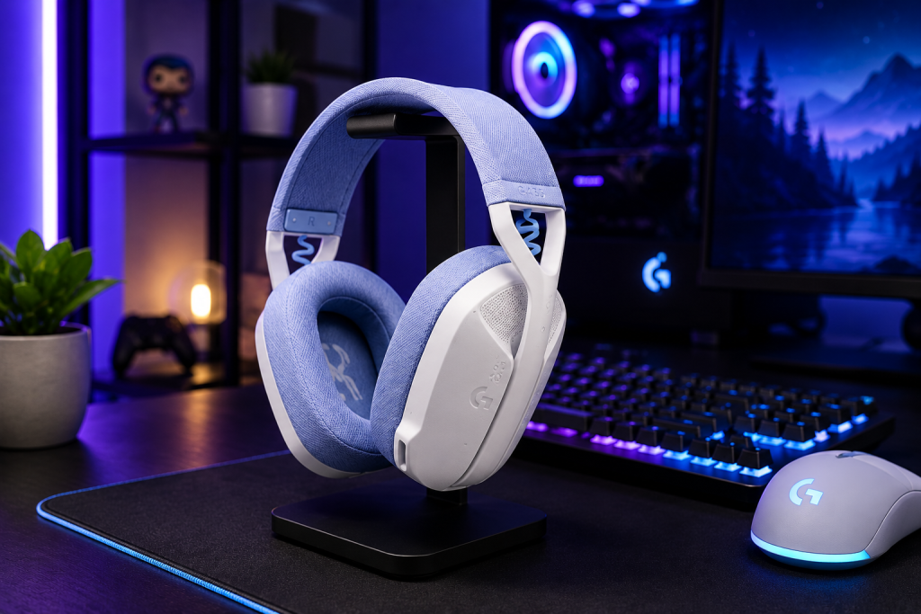 Logitech G435 wireless gaming headset on a modern RGB gaming desk with keyboard, mouse, and PC setup