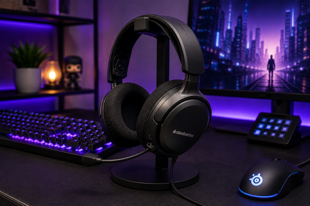 SteelSeries Arctis Nova 1 gaming headset on a modern RGB gaming desk with mechanical keyboard, gaming mouse, and monitor