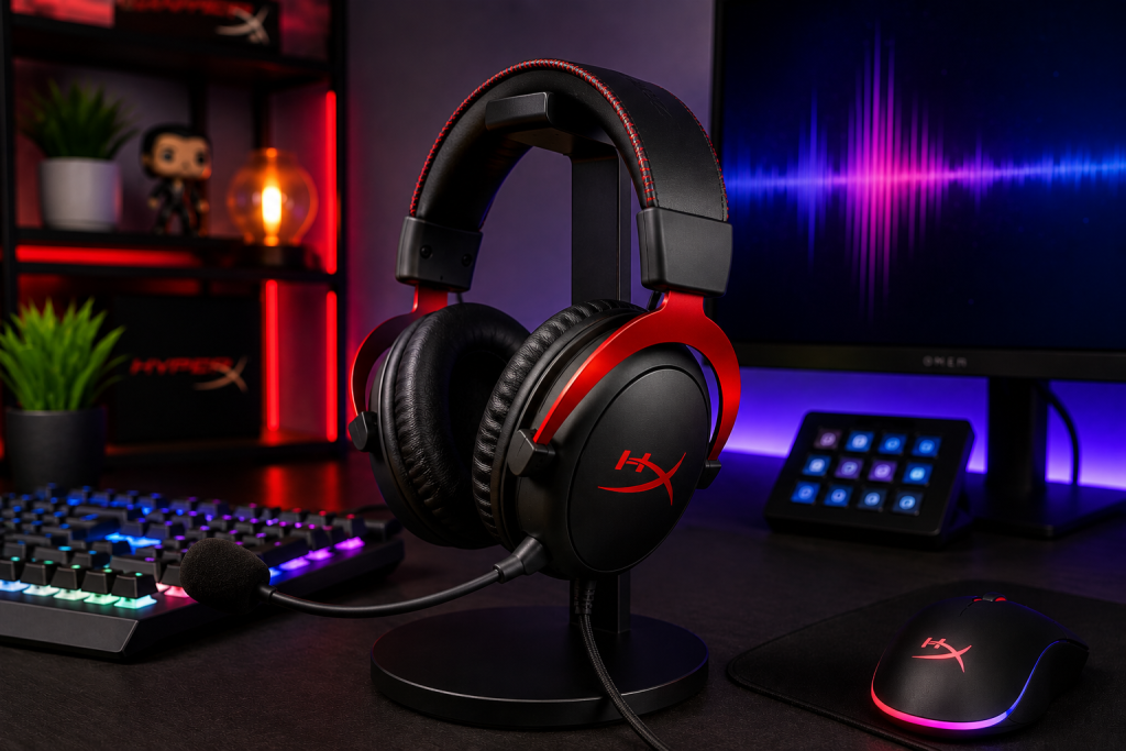 Budget gaming headset with microphone on a gaming desk setup featuring RGB keyboard, gaming mouse, and monitor