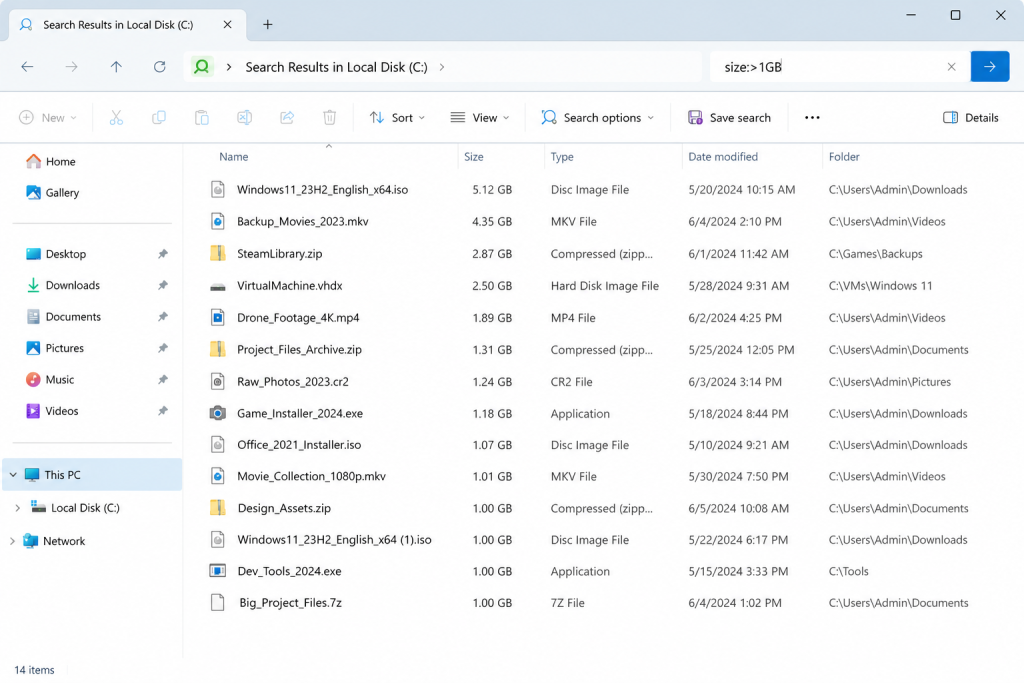 Windows 11 File Explorer search results displaying files larger than 1 GB sorted by size